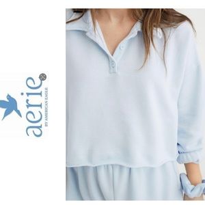 Aerie Fleece Of Mind Women’s Large Sunset Blue Cropped‎ Polo Sweatshirt